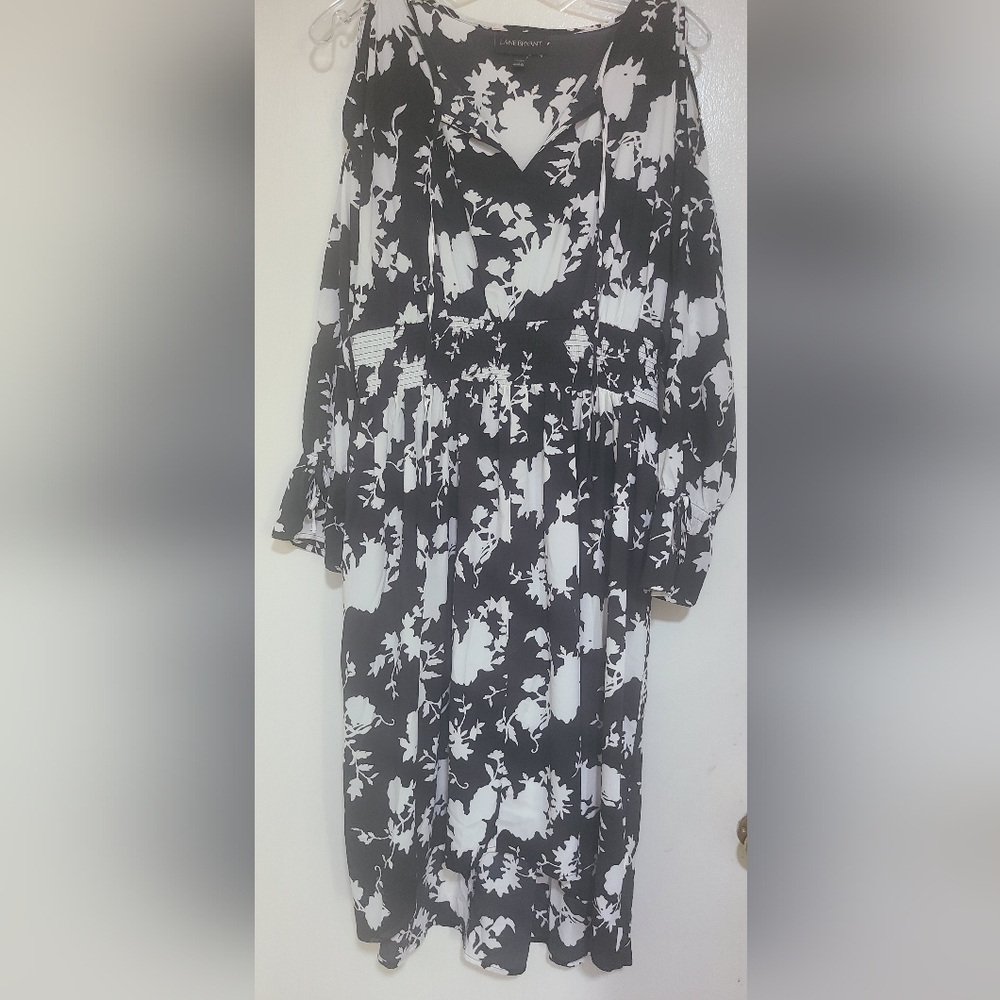 Lane Bryant Floral Cold Shoulder Dress Black White 10/12P bohemian